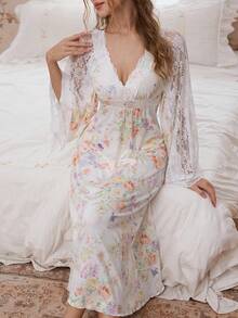 Camisón elegante con estampado floral, manga larga y aplicaciones de encaje, Vestido largo con estampado floral romántico francés de manga larga, Vestido largo de manga larga con estampado floral encantador para otoño/invierno, Camisón romántico y encantador para damas - Multicolor - Ver 5