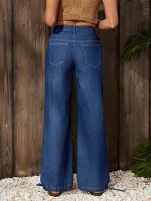 SHEIN Tall Women's Pocketed Button Casual Everyday Tapered Leg Jeans - Dark Wash - View 2