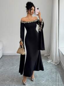 Rafferiza 优雅性感露肩金色蕾丝装饰天使袖收腰修身针织长裙，黑色，秋冬款 - 黑色 - 查看 6