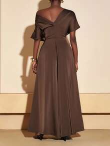 Chocolate Brown,Autumn,Curve,Elegant,Cocktail Plus Size Satin Jumpsuit,Asymmetric Shoulder Design Wide Leg Pants With Pockets Wedding Guest Boho Party - Brown - View 3