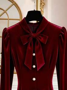 SHEIN Franclia 女士优雅通勤纯色蝴蝶结T恤 - 酒紅色 - 查看 9