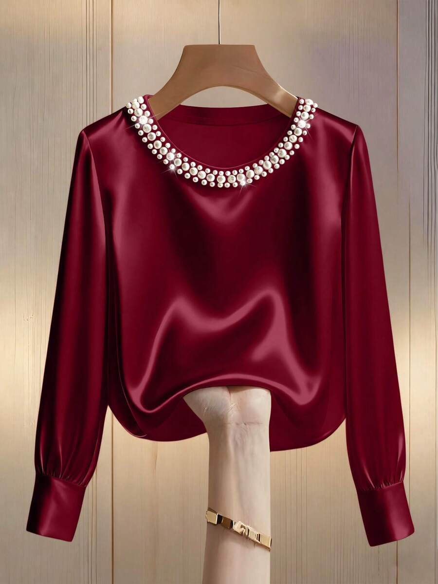 Franclia Women's Elegant Round Neck Pearl Embellished Long Sleeve T-Shirt, Suitable For Commuting Satin Blouses For Women Wine Red Top Women Tops Elegant S - Burgundy - View 1