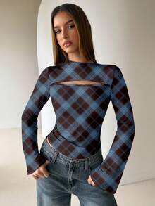 Aloruh 喇叭袖性感开衩复古格纹印花T恤，女士百搭秋冬上衣 - 彩色 - 查看 4
