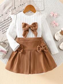 Elladie kids 4-7 anni Ragazze Casual Dolce Bianco Maglia Jacquard Fiocco Decorazione Volant Orlo Manica Lunga Girocollo Top e Rosa Velluto a Coste Vita Elastica Plissettata Gonna, Adatto per Uso Quotidiano, Uscite Casual