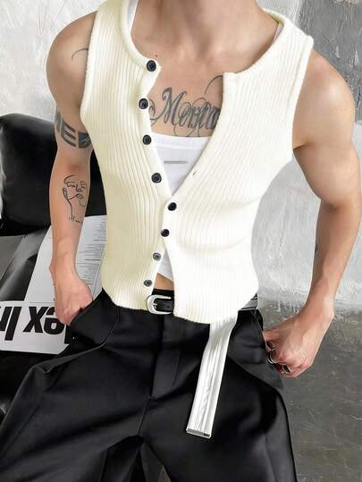 Manfinity Roghcode Men's Solid Color Minimalist Sleeveless Knit Vest, Casual Everyday Wear