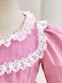 SHEIN Baby Girl Vintage Sweet Mesh Princess Dress,Elegant Dusty Pink,Autumn Birthday Party Outfit With Double Lace Collar,Lantern Sleeves & Mesh Skirt - Pink - View 10