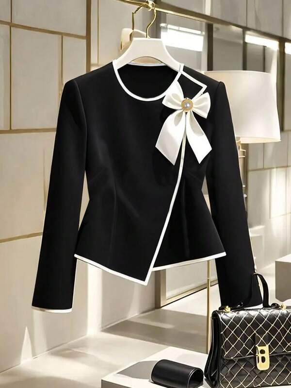 Franclia เสื้อเบลาส์แขนยาว ผูกโบว์หรูหราสำหรับผู้หญิง, เสื้อเชิ้ตชายเสื้ออสมมาตร, เสื้อเลเยอร์อเนกประสงค์สำหรับใส่ทำงานและลำลอง