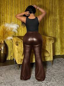 Slaydiva Autumn/Winter New Elegant & Party & Streetwear & Casual & Date & Music Festival & Y2K Sexy Fitted Solid Black Sheer Mesh Patchwork Flare Pants, Plus Size - G - Brown - View 3