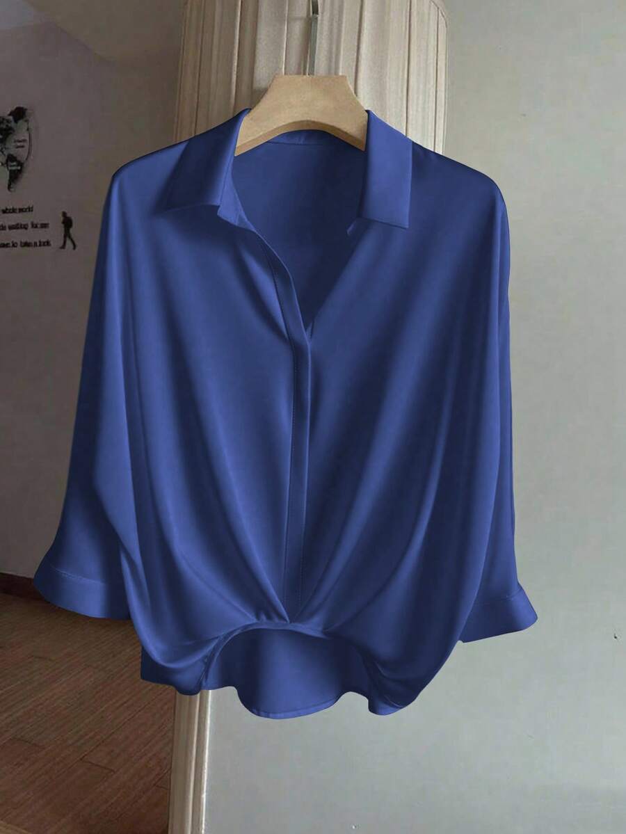 Franclia Áo cánh xếp ly tay 3/4 thanh lịch thường ngày dành cho nữ - Màu xanh lam - Xem 1