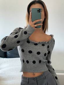 DAZY Áo len dệt kim ngắn tay dài chấm bi viền bèo nhún cổ vuông thường ngày cho nữ, mùa xuân/thu - Xám - Xem 1