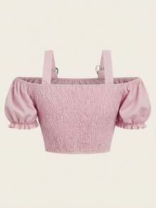 ROMWE Kawaii Áo crop top tay bồng dáng ôm, đơn giản, màu trơn, dễ điều chỉnh, thoải mái khi đi làm hàng ngày, mùa hè - Hồng - Xem 2
