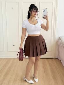 CovetEZ Plus Size Women Brown Pleated Mini Skirt, Collegiate Style - Brown - View 4