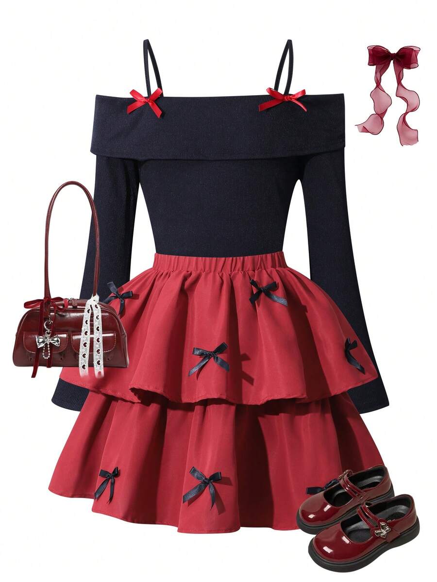 SHEIN Sparklyn Tween Girls' Fashion Elegant T-Shirt Set, White Knit Top Paired With Black Woven Cake Skirt, Top Decorated With Black Bow, Skirt With Pearl Embellishment