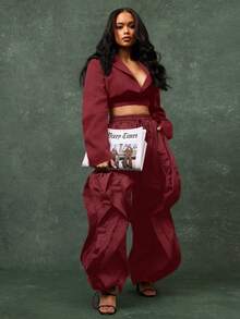 Vixey 透气抗皱吸湿排汗梭织荷叶边慢跑裤 - 酒紅色 - 查看 3