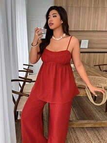 Weeklong Plus Size Women's Casual Camisole & Wide Leg Pants 2 Pieces Set, Spring/Summer - Red - View 5