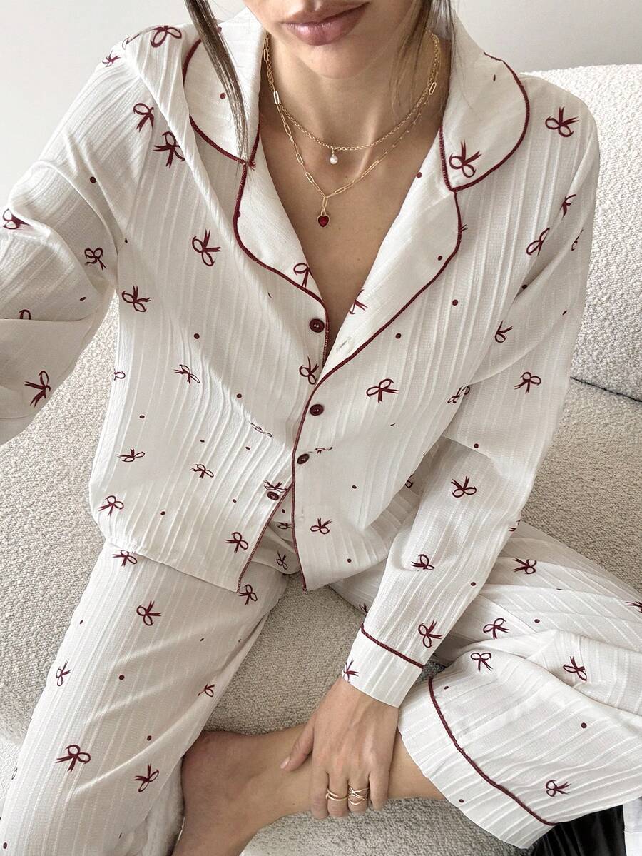 Aloruh Conjunto de pijama con top de manga larga con cuello de solapa y estampado de lazo, y pantalones, ropa de otoño e invierno - Burdeos - Ver 1