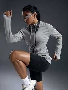 Powerista Chaqueta deportiva casual de manga larga con capucha y cremallera frontal de unicolor - Gris Claro - Ver 4