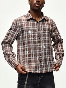ROMWE MEN Street Life Abrigo casual y de moda con estampado de cuadros y aplicaciones de rhinestone para hombre, adecuado para el uso diario en otoño - Marrón - Ver 6