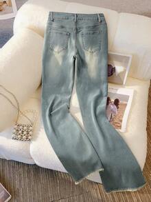 GlowEve Quần jeans ống loe ống rộng, viền tua rua, dáng thường ngày dành cho nữ - Màu xanh lam - Xem 2