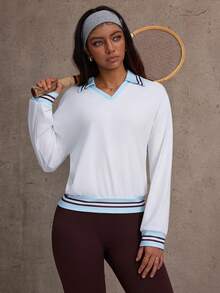 CourtClass Women's Striped Raglan Long Sleeve Sports Polo Shirt - Blue and White - View 6