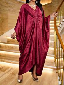 SHEIN Lady 生日派对礼服，加大码V领短袖简约亮面开衩长款休闲连衣裙，女士秋季服装，金色，酒红色连衣裙。 - 紅色 - 查看 1