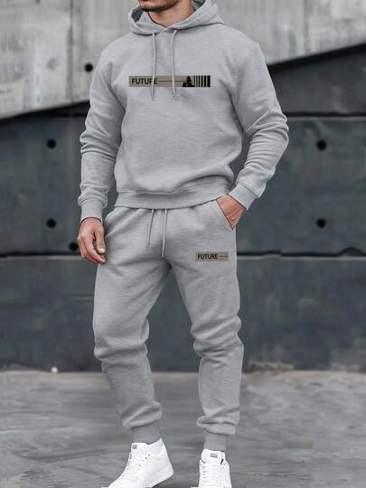 Manfinity Homme 2 st. set med herrtröja, huva och mjukisbyxor med bokstavstryck, varmt foder för daglig pendling, höst/vinter