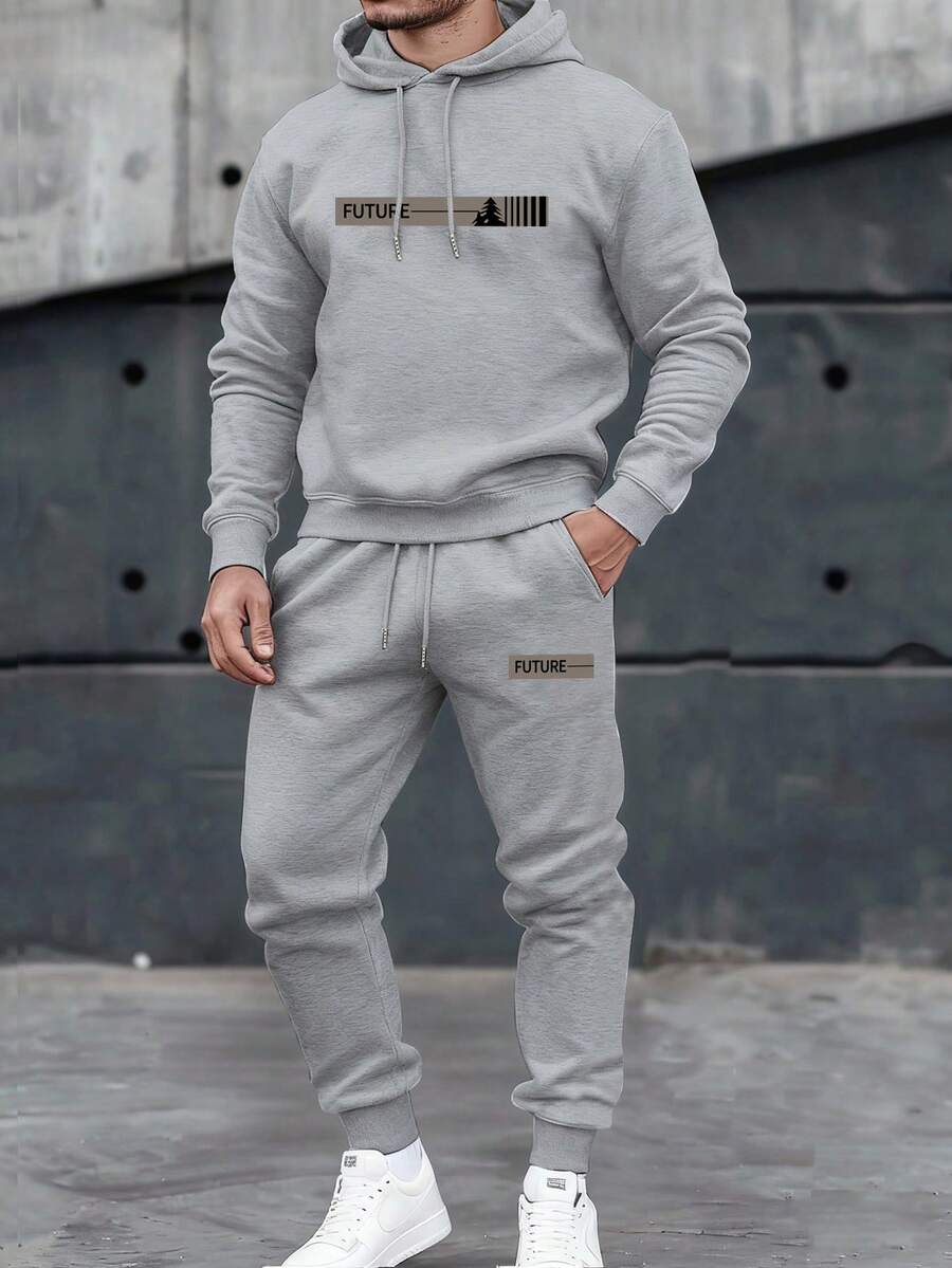 Manfinity Homme 男士休闲字母印花抽绳连帽卫衣和运动裤两件套，保暖内衬，适合日常通勤，秋冬季穿着 - 灰色 - 查看 1