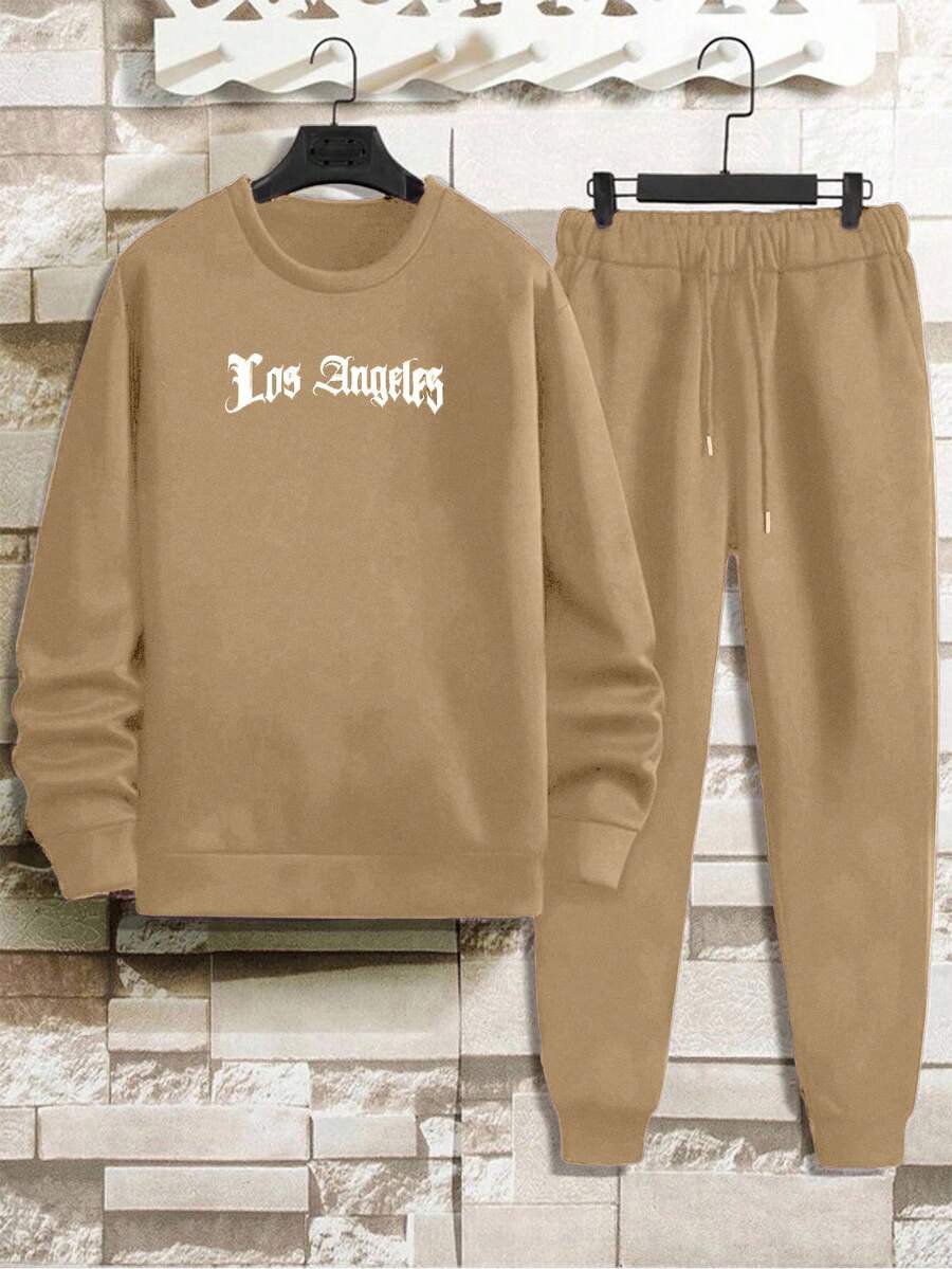 EURMUSE Cotton 2pcs/Set Men's Letter Printed Hoodie And Sweatpants Set - Apricot - View 1