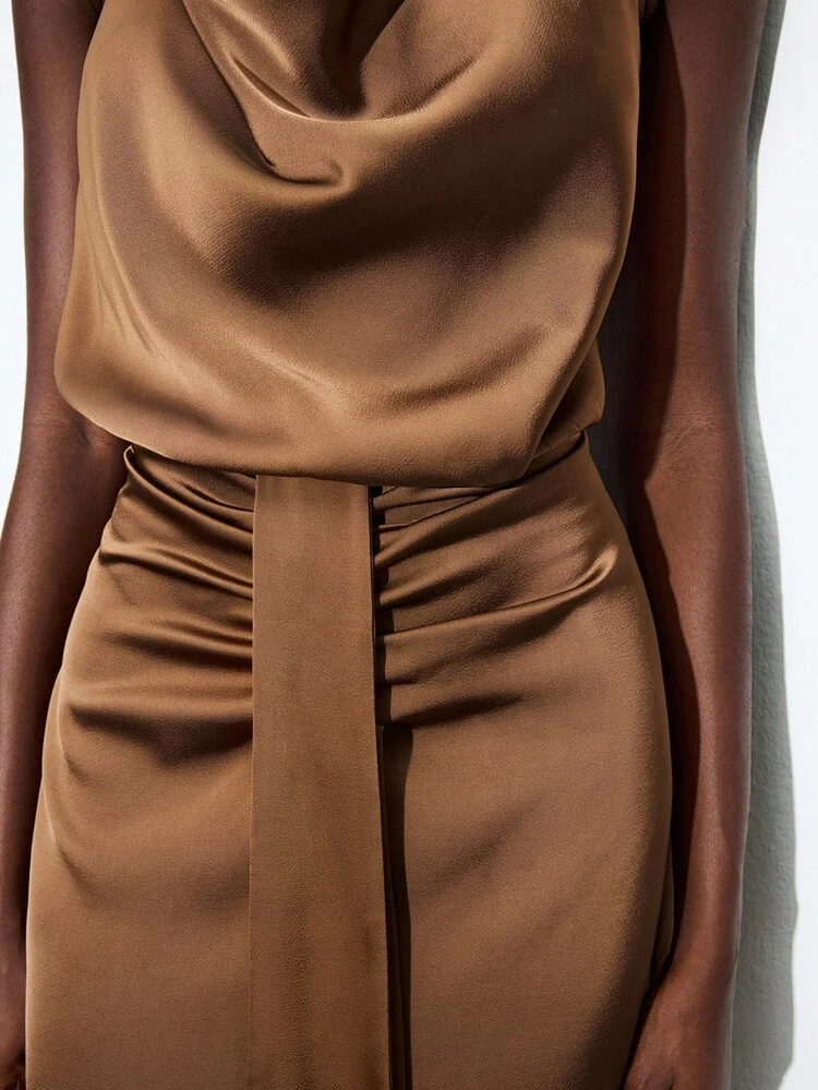 SHEIN Maija Women's Elegant Brown High Slit Satin Dress,Tight Autumn Dining Outfits,Formal Wedding Guest Party Graduation Dress,Summer Holiday Beach Wear