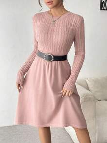 SHEIN Clasi 女士休闲纯色针织连衣裙，秋冬款 - 藕粉色 - 查看 5