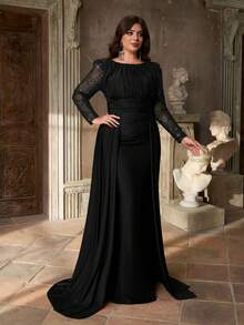 Aureia 大码优雅奢华圆领撞色网纱亮片袖褶皱腰身修身鱼尾裙摆连衣裙，适合晚宴、单身派对、约会、舞会、节日、婚礼（装饰繁复）、情人节等场合。 - 黑色 - 查看 5