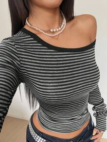 StreetHx 2pcs Asymmetric-Shoulder Long Sleeve T-Shirt, Punk Rock Striped Black - Multicolor - View 5