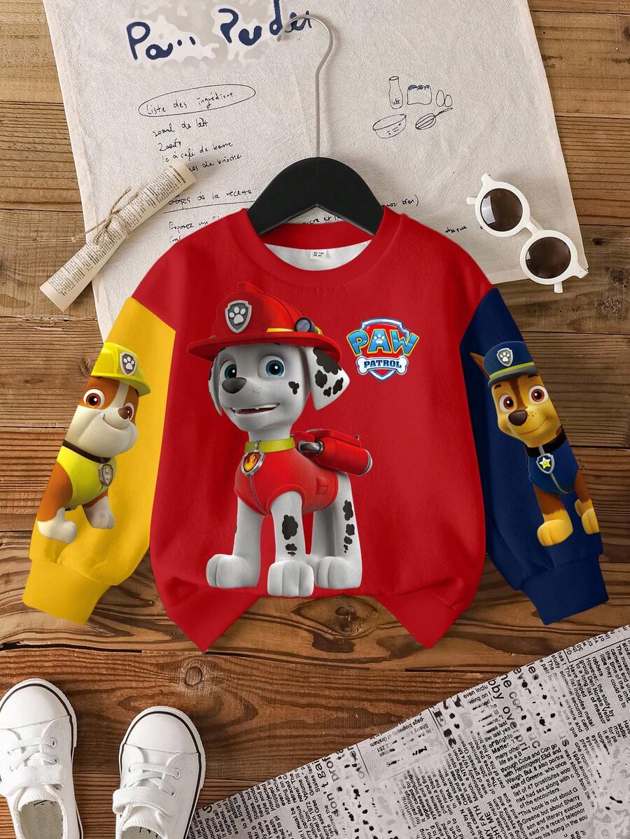 SHEIN | PAW Patrol Young Boy Cartoon Pattern Colorblock Crew Neck Long Sleeve Pullover Sweatshirt