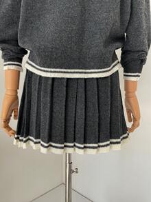 SHEIN Unity 女士迷你羊毛衫半身裙，百褶裙，复古学院风，适合秋季、返校季、日常穿着，尽显复古时尚，也适合约会和下午茶场合。 - 深灰色 - 查看 5