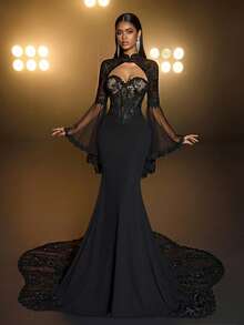 Glamrae 优雅蕾丝刺绣，华丽可拆卸披肩，喇叭长袖，无肩带蕾丝饰边，弹力针织面料，浪漫蕾丝拼接，超长拖尾连衣裙。适合约会、婚礼、单身派对、新年晚宴、优雅黑色正式晚宴、圣诞晚宴以及所有正式场合，情人节亦可穿着。 - 黑色 - 查看 2