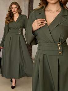 Roveilla 大码女式褶裥翻领腰部收褶A字长袖连衣裙，饰有星星图案，优雅法式复古办公室通勤商务休闲街头风，百搭复古时尚秋冬连衣裙，适合派对、圣诞节、感恩节、新年等场合。