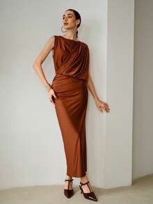 ZEYLAH 不对称褶皱修身长款连衣裙，春夏款 - 咖啡棕 - 查看 6