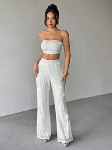 Almamuse Women's Fitted Sequin Embellished Loose Pants 2 Pieces Set - Silver - View 3
