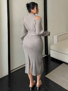 Dazy Plus Plus Size Women Solid Color Asymmetrical Cutout Shoulder Elastic Fitted Elegant Long Sweater Dress, Casual For Autumn/Winter - Khaki - View 2