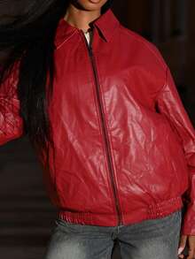 Mima John Casual Off-Shoulder Zipped PU Leather Coat In Fall/Winter - Burgundy - View 4