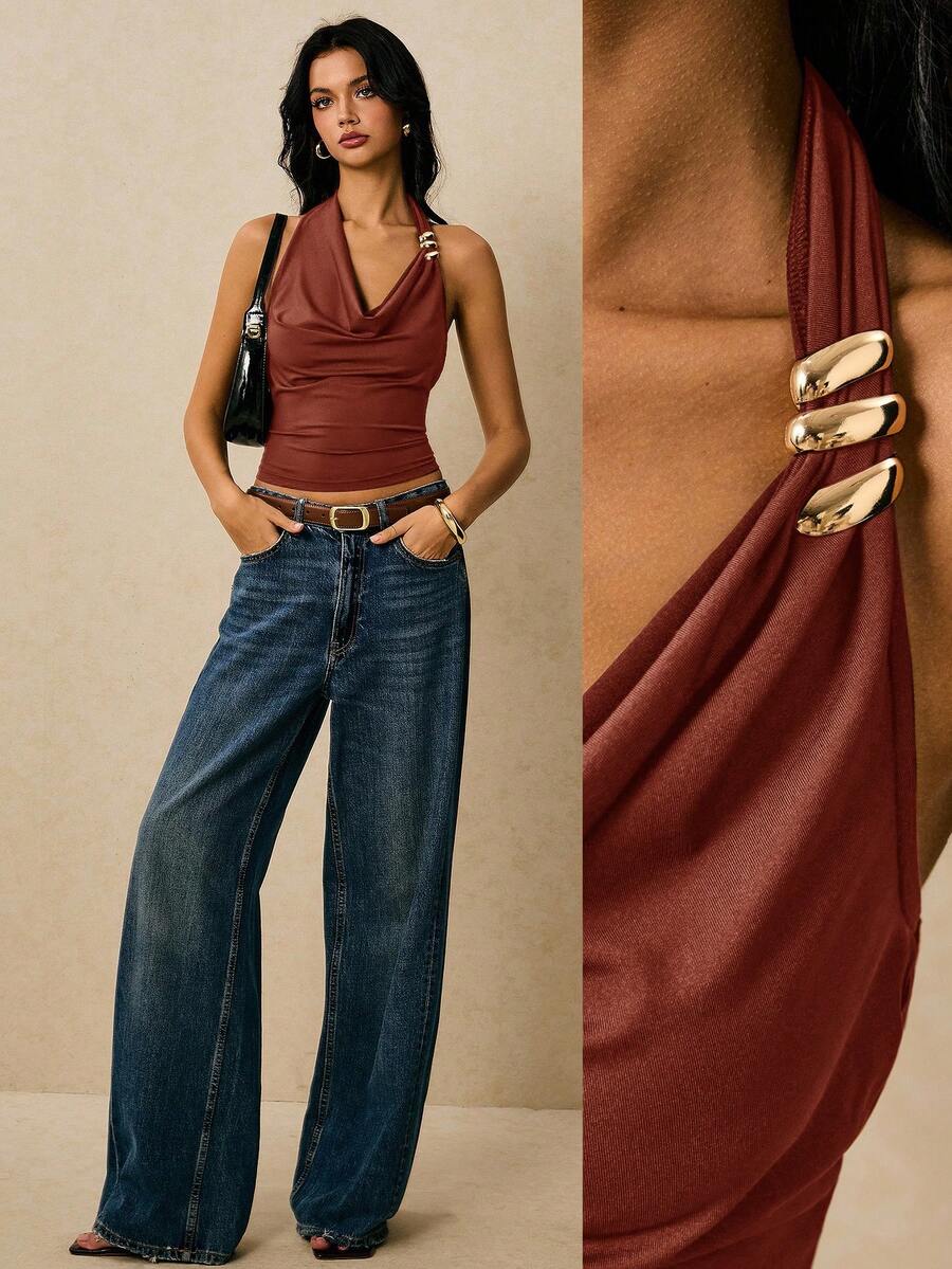 Poéselle Top corto halter ajustado con cuello asimétrico y decoración de metal, de unicolor, estilo minimalista, casual y de vacaciones para mujer - Óxido marrón - Ver 1
