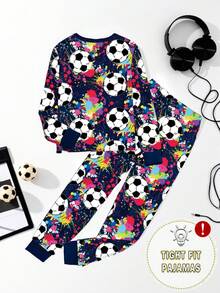 男童夜光足球印花睡衣套装，包括圆领印花上衣和松紧腰紧身裤，舒适睡衣 - 藏蓝色 - 查看 2