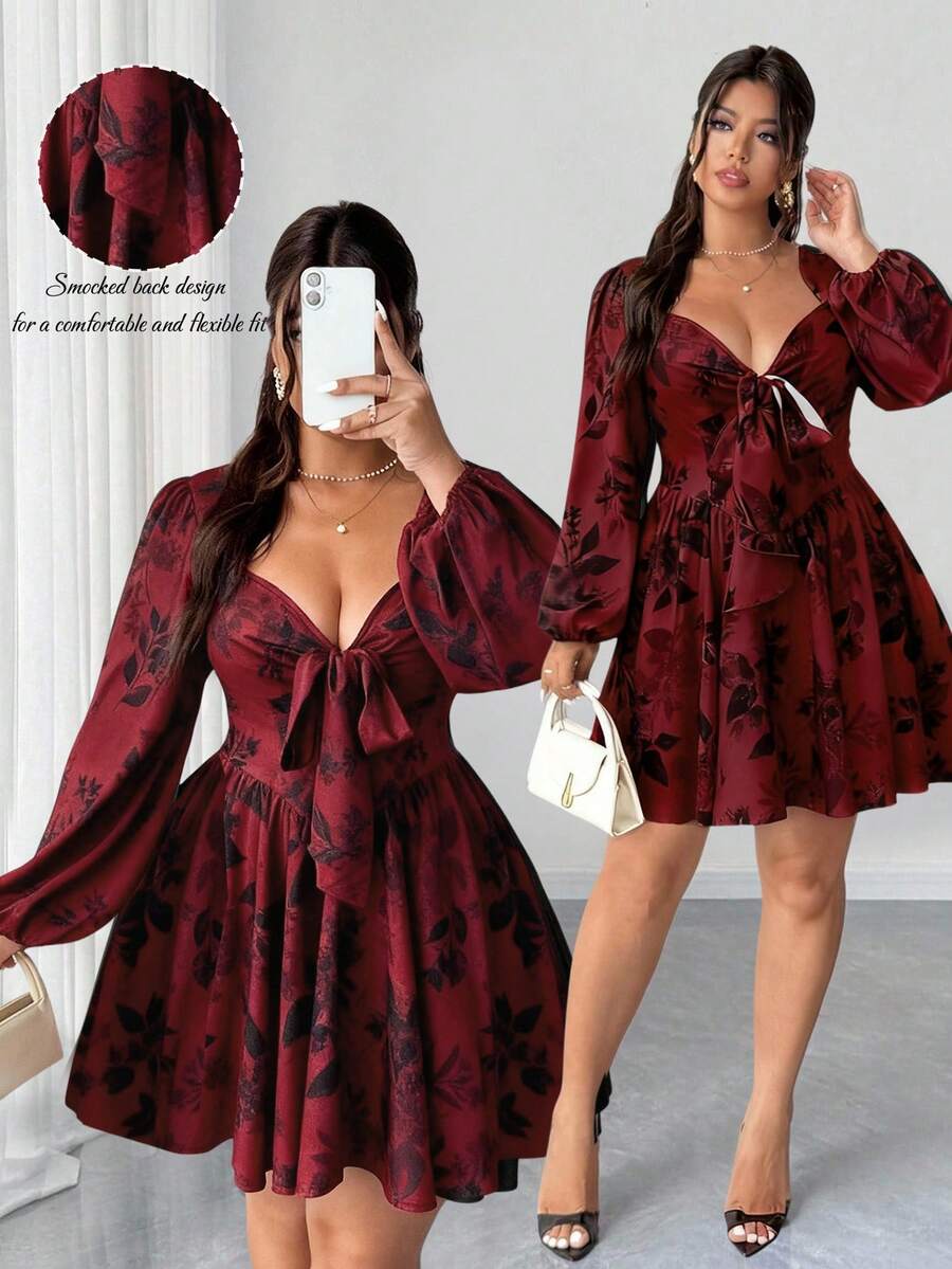 Elenzga Váy ngắn màu đen hở lưng gợi cảm cỡ lớn dành cho nữ, mùa thu - Màu Đỏ Sâu - Xem 1