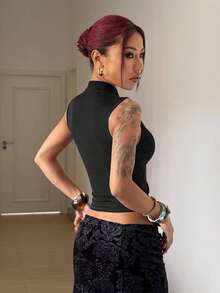 StreetHx Regata feminina curta, lisa, sem mangas, moderna, estilo urbano, nova, chinesa, modelagem slim. - Preto - Ver 4