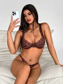 Aloruh Klassisches, sexy Spitzen-Unterwäsche-Set mit Bügel-BH und String für Damen, für Ausgehen - Braun - Übersicht 1