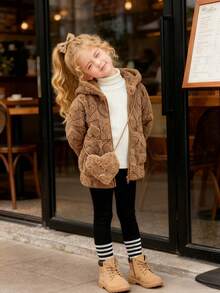 Elladie kids Young Girl Heart Pattern Long Sleeve Zip Front Fuzzy Hooded Casual Jacket, Autumn/Winter