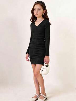 Girlism Tween Mädchen Kleider im Teenager-Alter, einfarbig, V-Ausschnitt, Gewebe mit Körnung, schwarzer Rock, eng anliegendes Kleid