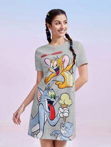 TOM & JERRY X SHEIN 女士卡通字母印花短袖睡裙，夏季，宽松睡衣