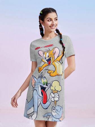 TOM & JERRY X SHEIN 女士卡通字母印花短袖睡裙，夏季，宽松睡衣