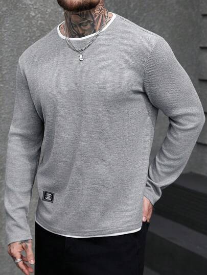 Manfinity CasualCool Men's Solid Color Minimalist Casual Crew Neck Long Sleeve T-Shirt Men Knit Tops Men Long Sleeve Knit,Two Pairs Of Men's Grey Waffle Fake, Color-Blocking Round-Neck Long-Sleeved T-Shirts, Casual Style, Regular Fit